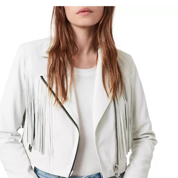 AllSaints Elora Tassel Leather Jacket White Sz 4-6 - Picture 1 of 12